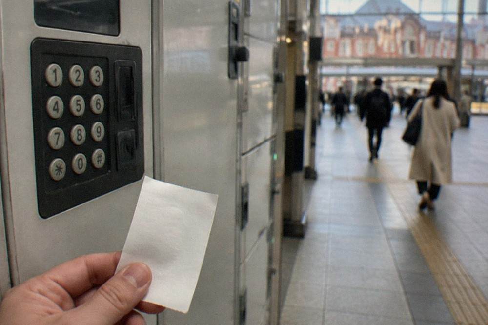A bank of coin lockers with a receipt ticket held in front of the keypad