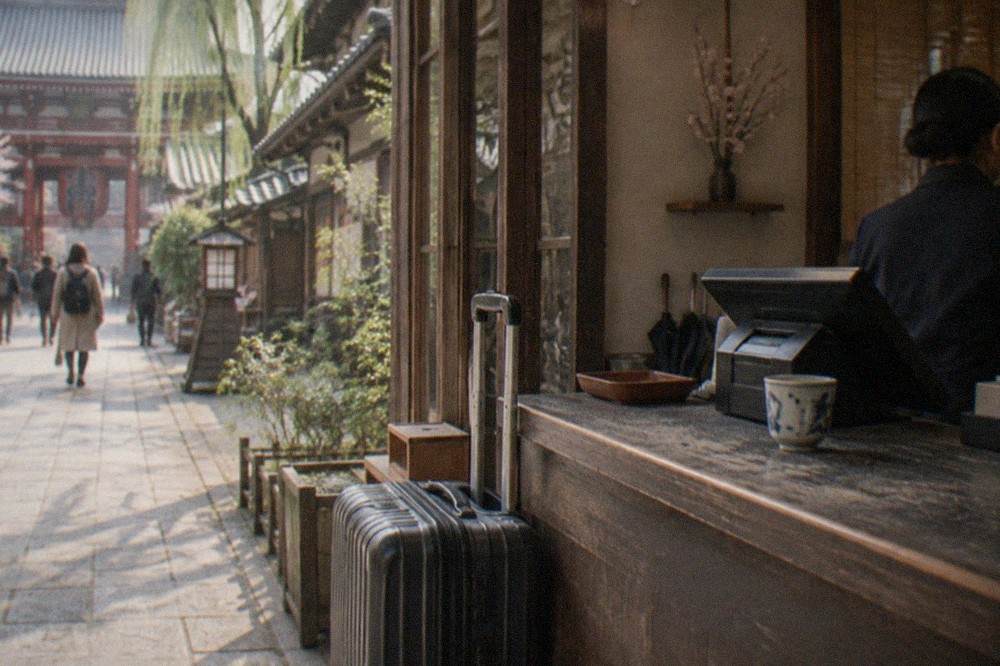 A suitcase left at a staffed luggage storage counter in a shopping street