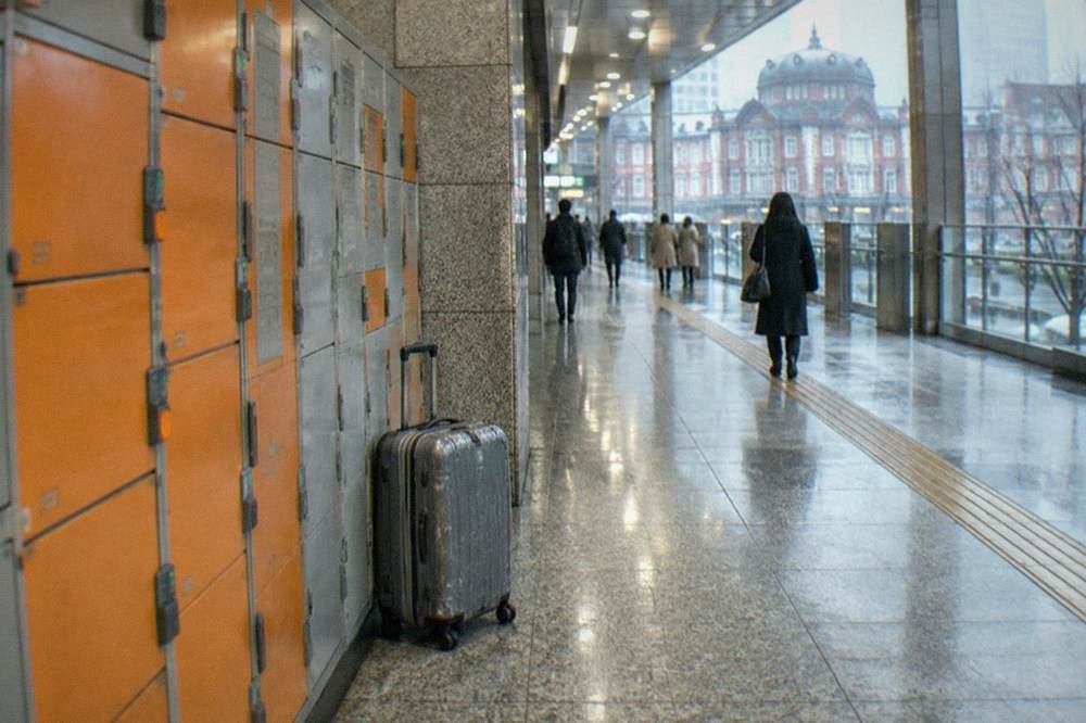 A row of orange and grey coin lockers along a station corridor with a suitcase standing beside them