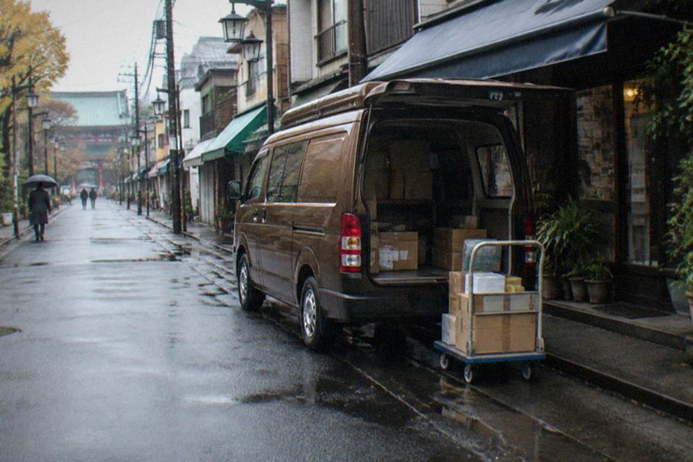 A brown delivery van parked at the kerb of a narrow Tokyo street lined with small shopfronts.